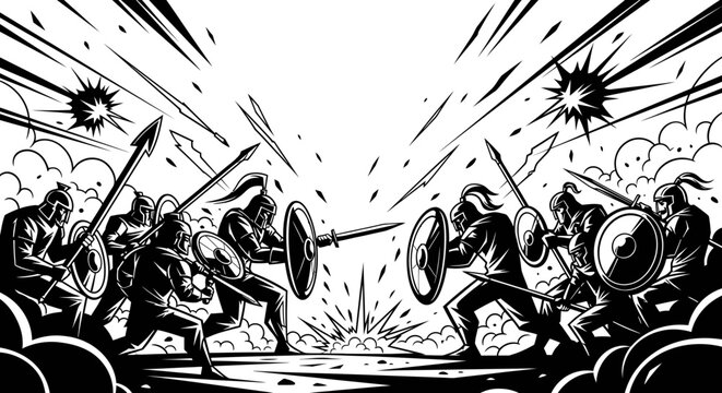 Ancient warriors clashing in epic battle black and white illustration