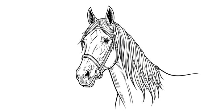Black and white horse head line art with bridle illustration