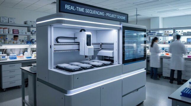 Advanced automated DNA sequencer machine processing samples in a modern laboratory setting for real-time genome project analysis.