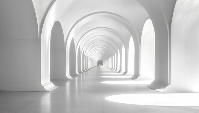 Endless, modern white arched hallway with bright light and shadows, creating a minimalist tunnel