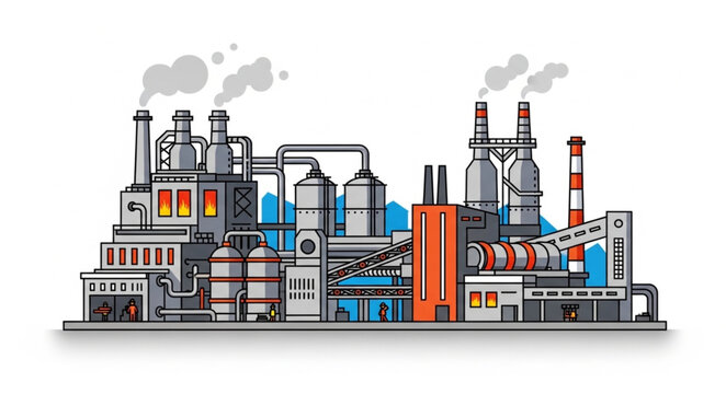 Industrial factory complex with smoke stacks emitting steam.