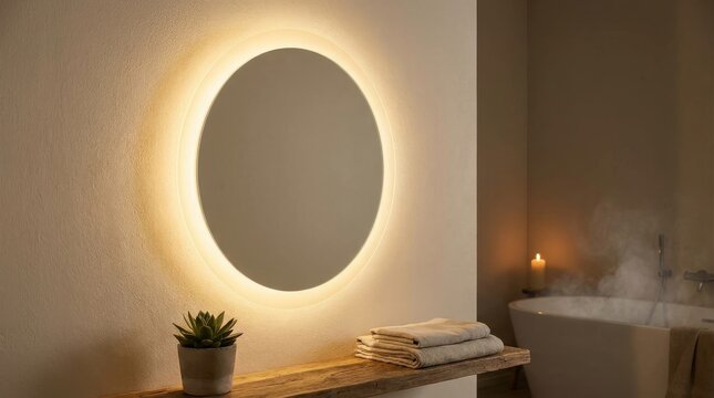 Oval illuminated bathroom mirror with soft ambient light and decorative shelf