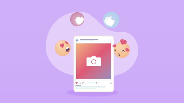 Social media post animation with camera icon and flying emoji reactions on a light purple background.