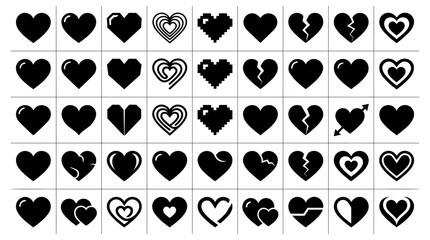 Fototapeta premium Collection of diverse heart icons featuring various styles like pixelated broken and geometric shapes for romantic design projects and graphics