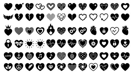 Fototapeta premium Collection of diverse heart icons featuring various creative styles and symbolic elements for romantic projects and modern graphic design layouts