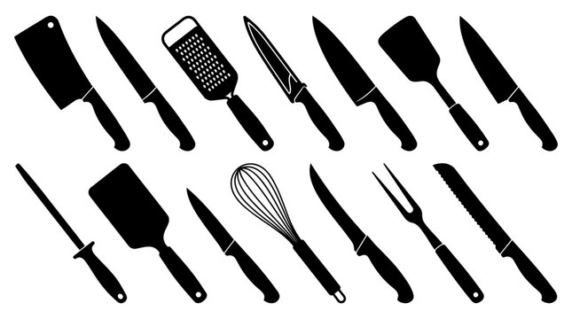 Set of professional kitchen utensils and cutlery silhouettes arranged for culinary design projects featuring various knives and cooking tools
