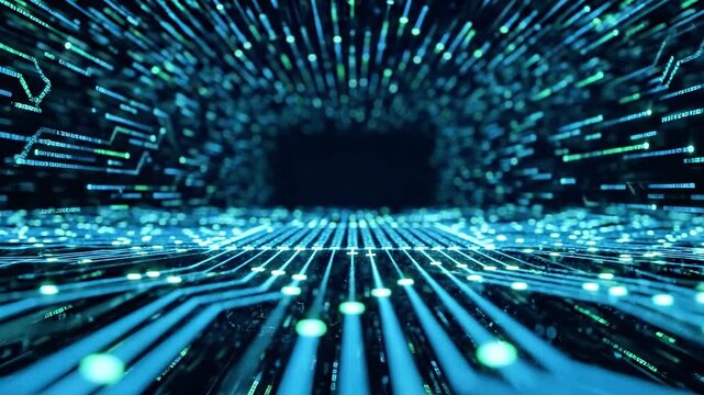 A futuristic digital tunnel with glowing blue lines and dots radiating from the center