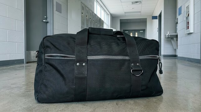 Black duffel bag with zippers and straps in a school locker room hallway