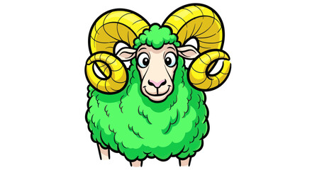 Cartoon Green Sheep with Big Yellow Horns, Cute Animal Illustration © lobes