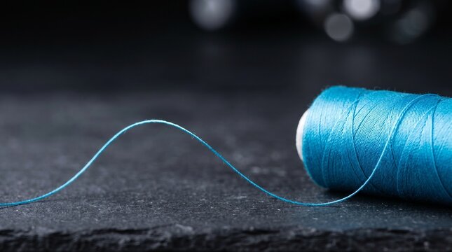 Spool of blue sewing thread with a wavy loose line on a dark slate background