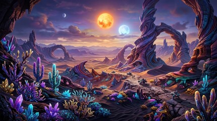 Obraz premium Alien Planet Landscape with Twin Moons and Surreal Rock Formations