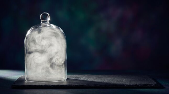 Swirling white smoke trapped inside a glass cloche dome on a dark background