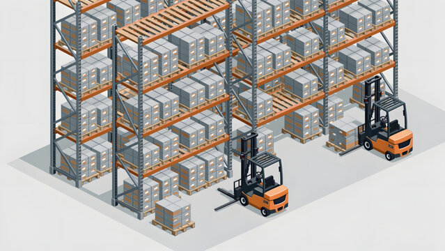 warehouse storage racks with brown shelves and stacked boxes with forklifts operating