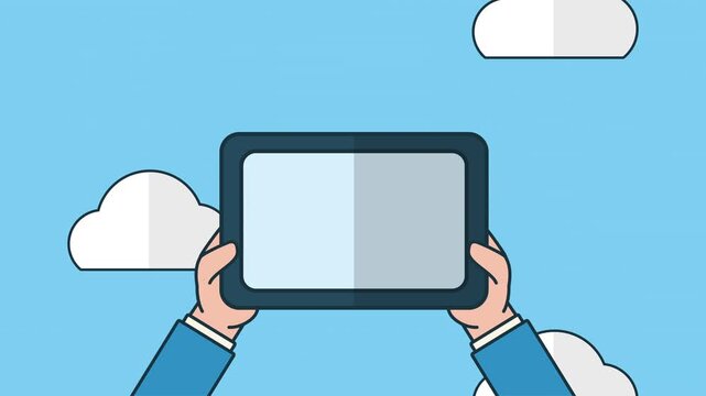 Hands holding tablet showing documents photos email messages cloud technology motion.