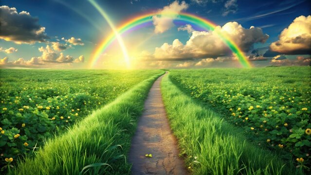 Lush green meadow with a golden shamrock path and a sparkling rainbow under soft