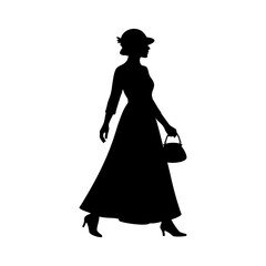 Fototapeta premium Elegant Woman Silhouette Walking Profile with Wide-Brimmed Hat and Handbag