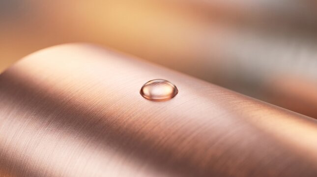 Macro photography of a single clear water drop on a brushed copper metal surface