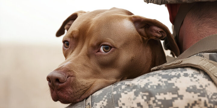  brown dog rests its head on a soldier's shoulder, showing a close bond between the military personnel and their canine companion.