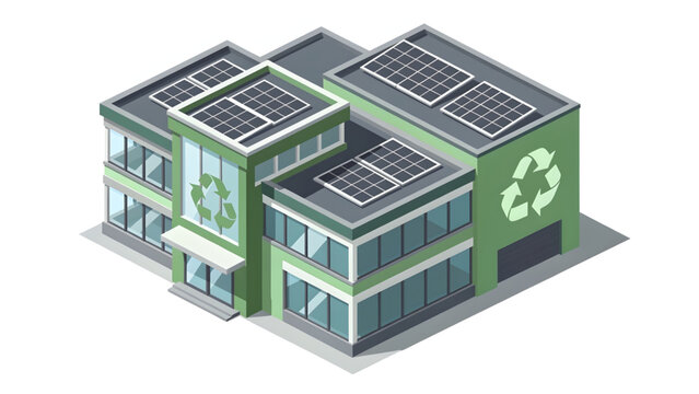 modern green building with solar panels and recycling symbols on roof and walls