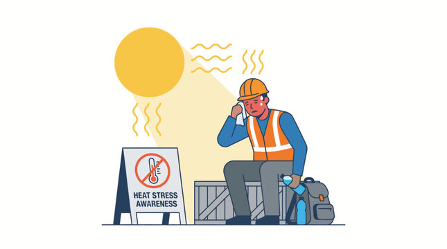Construction Worker Resting Under Hot Sun Heat Stress Awareness Vector