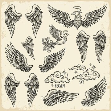 Hand drawn vintage black ink scribble doodle vector set of fantasy angel wings heaven sky flight feather mythology and magical bird, vector isolated on white