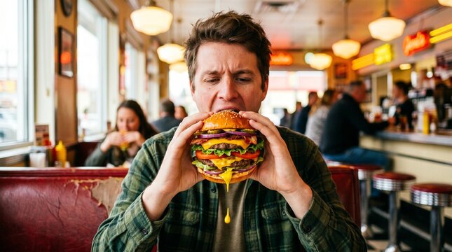 Hungry man struggling to take a bite of a massive messy cheeseburger in a retro diner