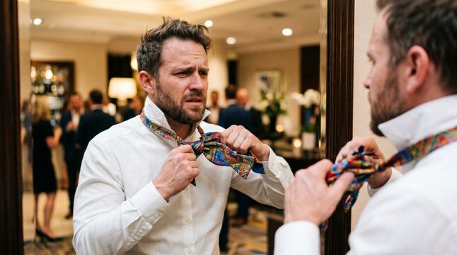 Frustrated man looking in the mirror trying to tie a colorful bow tie