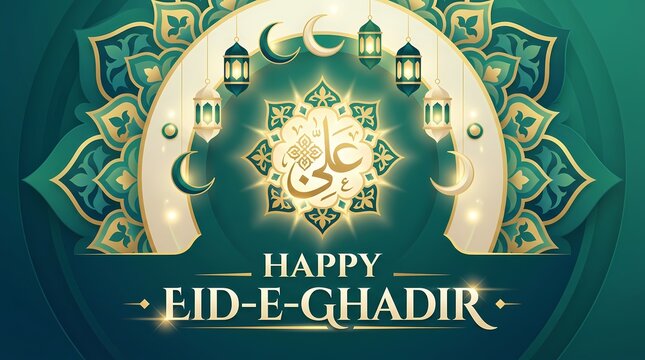 Eideghadir celebration greeting card with islamic calligraphy of ali and hanging lanterns on a decorative green background