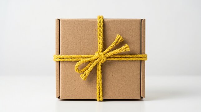 Small square cardboard box wrapped with yellow string on a white background