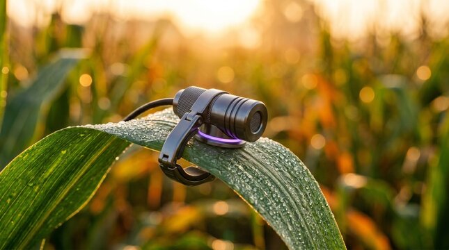 Small digital sensor camera attached to a green corn leaf in a field at sunset