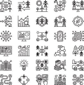 Smart Grid Modernization Line Icons Set &ndash; 30 Minimal Black Outline Vector Icons for Energy Infrastructure, Renewable Power & Intelligent Utility Networks