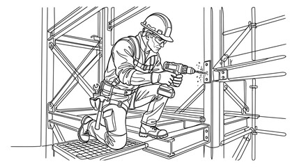 Fototapeta premium Construction worker on scaffolding with power tool.