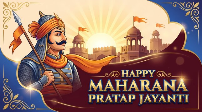 Maharana pratap jayanti celebration poster with warrior illustration and fort background
