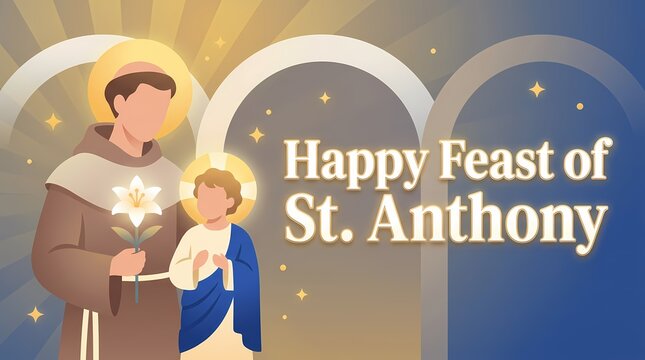 Happy feast of st anthony illustration with saint anthony of padua holding the christ child and a lily