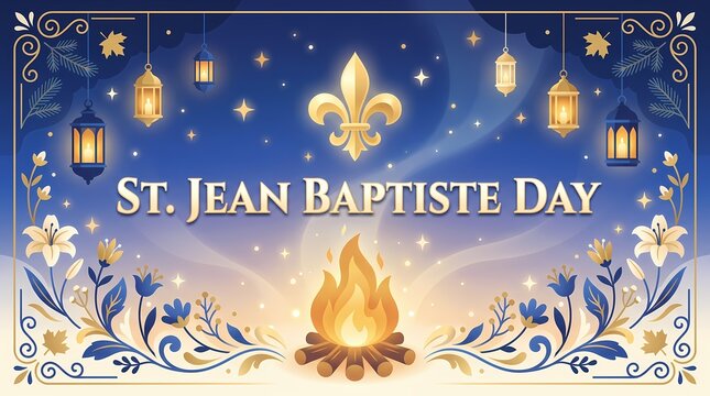 St jean baptiste day celebration banner with fleurdelis and bonfire