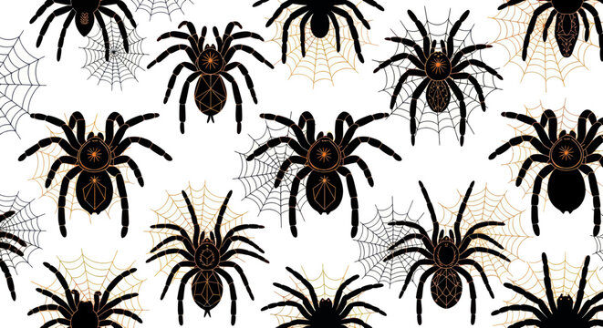 Spooky Spider Web Halloween Pattern - Black and Gold Tarantula Illustration
