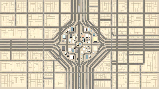 top view aerial city map beige grid streets buildings urban layout transportation hub