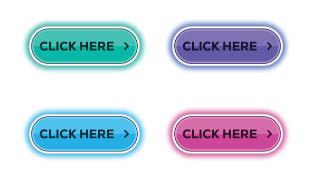 Click here button with arrow clicking. modern call to action buttons with colorful neon glow effect. four  interface web buttons set for UI UX design. 