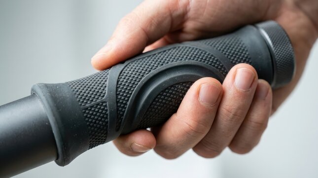 Human hand firmly gripping textured bicycle handlebar for control and movement