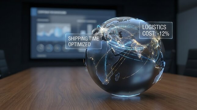 A futuristic transparent globe sits on a wooden table in a modern conference room displaying logistics statistics on a screen behind.