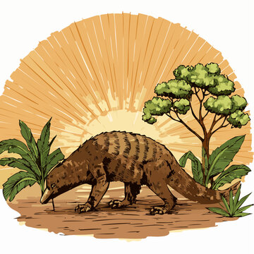 Prehistoric mammal-like reptile foraging in ancient landscape.