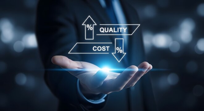 Quality up cost down concept with business professional hand