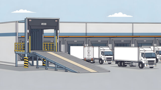white cargo trucks with loading dock and ramp in industrial warehouse estate under blue sky