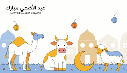 Fototapeta premium Happy eidaladha mubarak celebration with camel, cow, and sheep