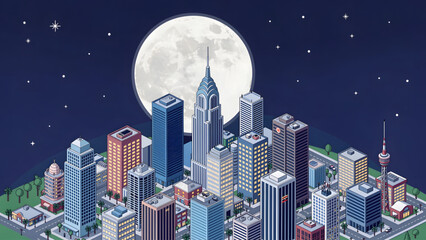 isometric city skyline with illuminated skyscrapers under bright full moon and starry night sky © Ega Cg