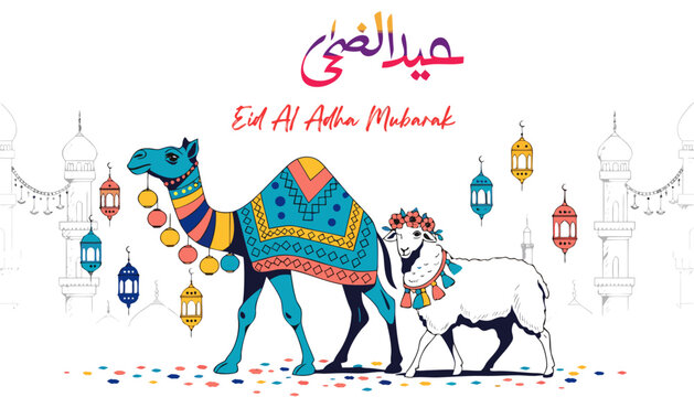 Eid al adha mubarak greeting with colorful camel and sheep