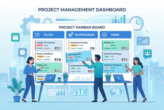 Clean flat vector illustration of a project management kanban workflow board. Popular for productivity apps, agile methodology, and business process content.