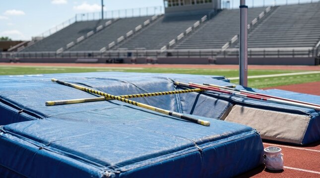 Pole vault equipment resting on landing pit with stadium seating in background at athletics track and field event