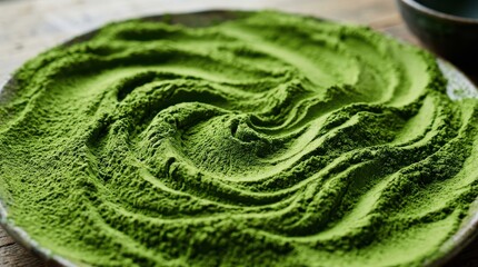 Obraz premium Vibrant green matcha tea powder swirl in a ceramic bowl