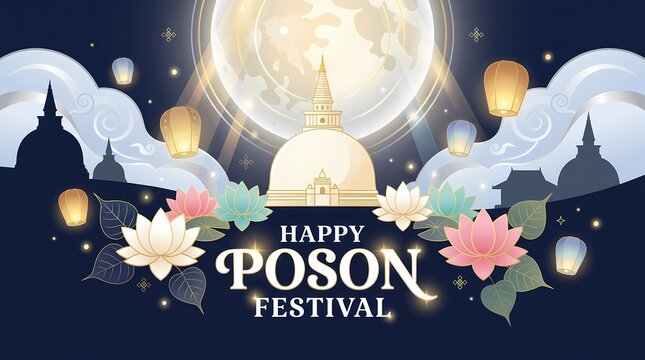 Happy poson festival illustration with stupa, lotus flowers, and lanterns under a full moon